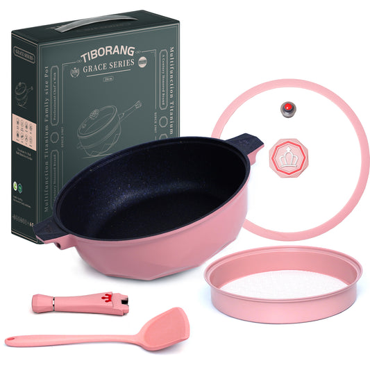 Tiborang 11 inches pink nonstick 5 quarts 8 in 1 multifunctional pan with rounded knob