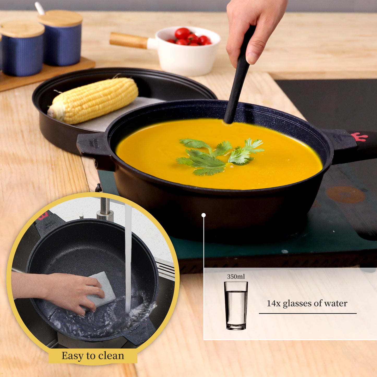 Tiborang 11 inches black nonstick 5 quarts 8 in 1 multifunctional pan with rounded knob