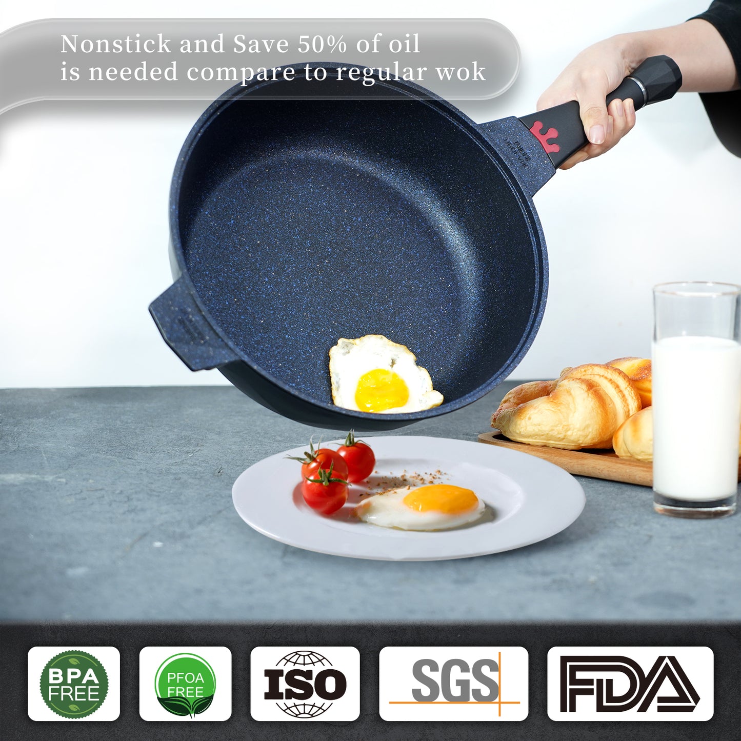 Tiborang 11 inches black nonstick 5 quarts 8 in 1 multifunctional pan with rounded knob