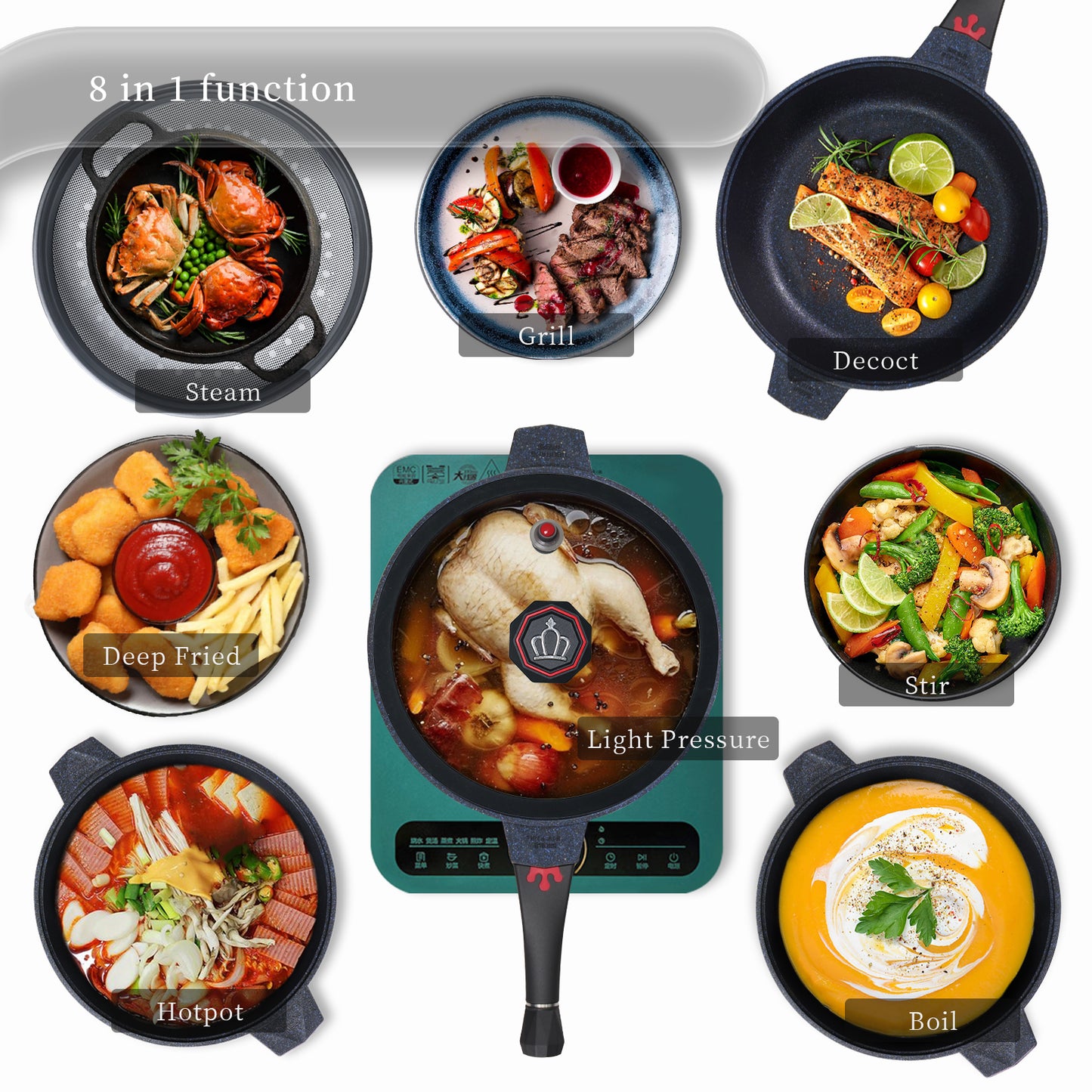Tiborang 11 inches black nonstick 5 quarts 8 in 1 multifunctional pan with rounded knob