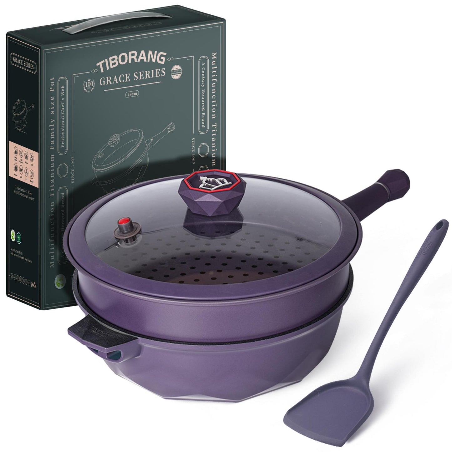 Tiborang 11 inches purple nonstick 5 quarts 8 in 1 multifunctional pan with rounded knob