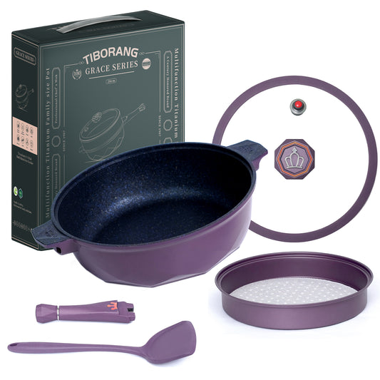 Tiborang 11 inches purple nonstick 5 quarts 8 in 1 multifunctional pan with rounded knob