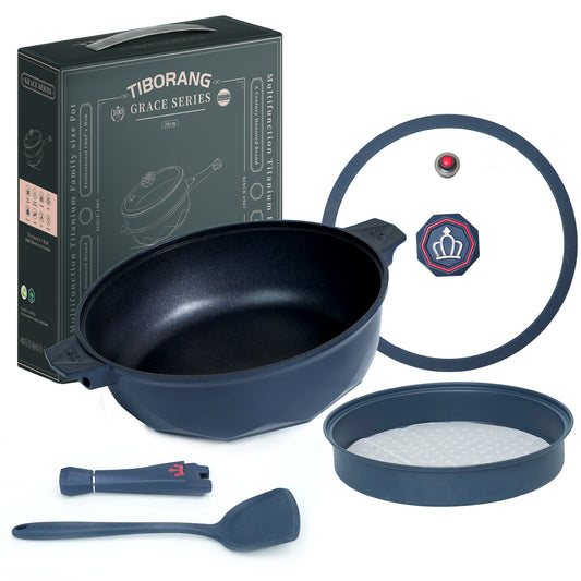 Tiborang 11 inches blue nonstick 5 quarts 8 in 1 multifunctional pan with rounded knob