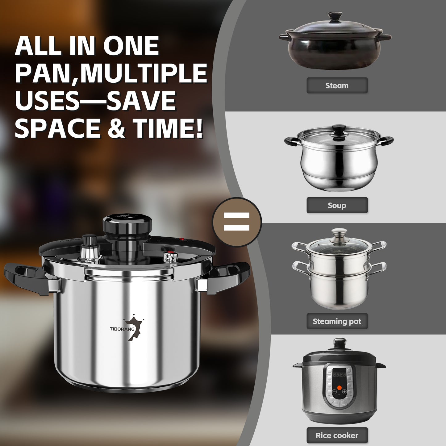 TIBORANG 6 QT Stainless Steel Pressure Cooker, [Multi-Cooker for Gas & Induction Stove] [Saves 70% Cooking Time] [One-Hand Operation], Family Size for 3-5 People, Dishwasher Safe & Oven Safe